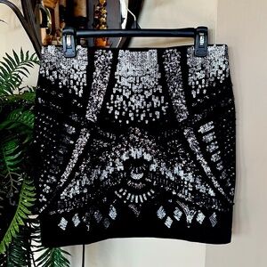 NWOT Express Black Mini Skirt Metallic Gray & Silver Tone Sequins Cotton Stretch